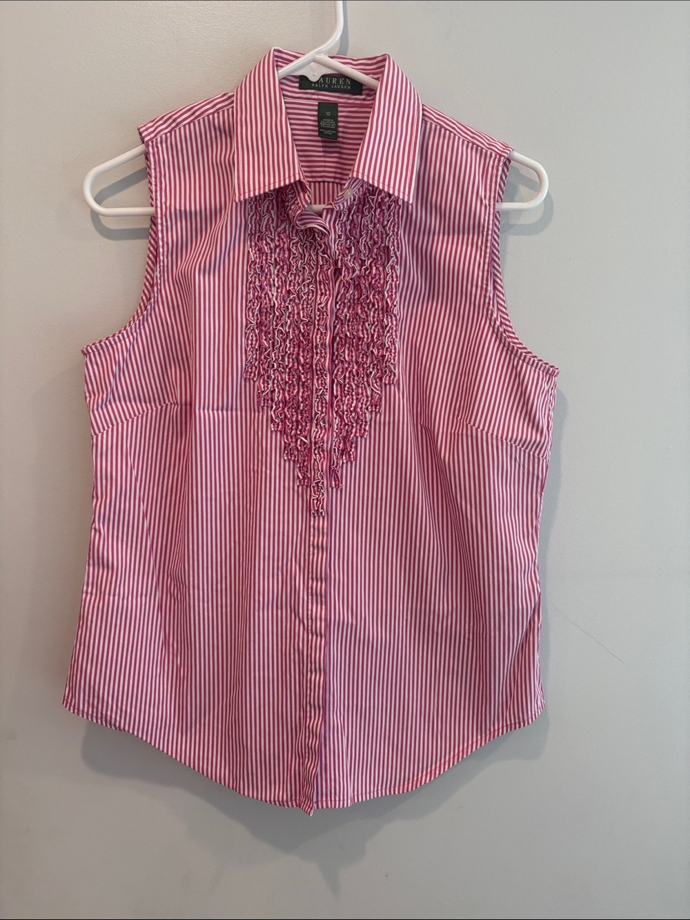 Lauren Ralph Lauren Pink White Striped  Ruffle-Front  ptp 20 length 25 retail$99